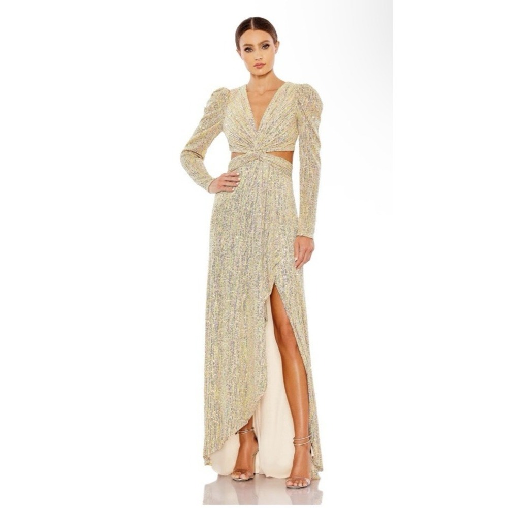Ieena Mac Duggal Sz 6 Rainbow Metallic Sequin Vogue Vneck Wrap Assym Dress 27050